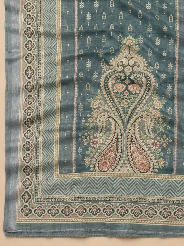 Blue Printed Chanderi Unstitched Suit &amp; Pant With Chanderi Dupatta