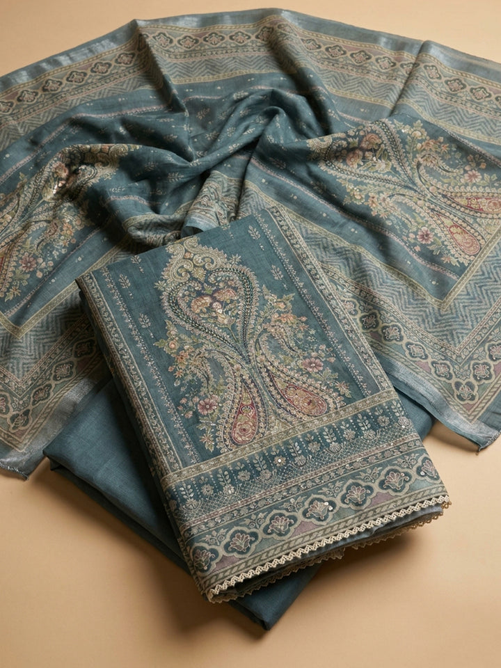 Blue Printed Chanderi Unstitched Suit &amp; Pant With Chanderi Dupatta