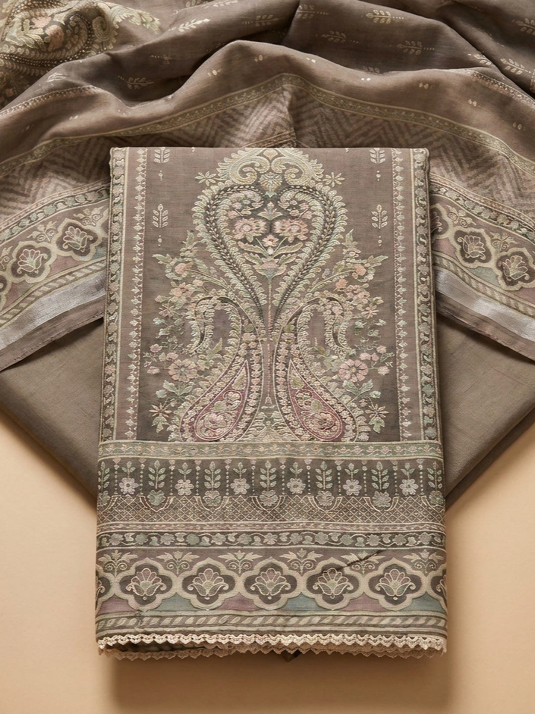 Mouse Printed Chanderi Unstitched Suit &amp; Pant With Chanderi Dupatta