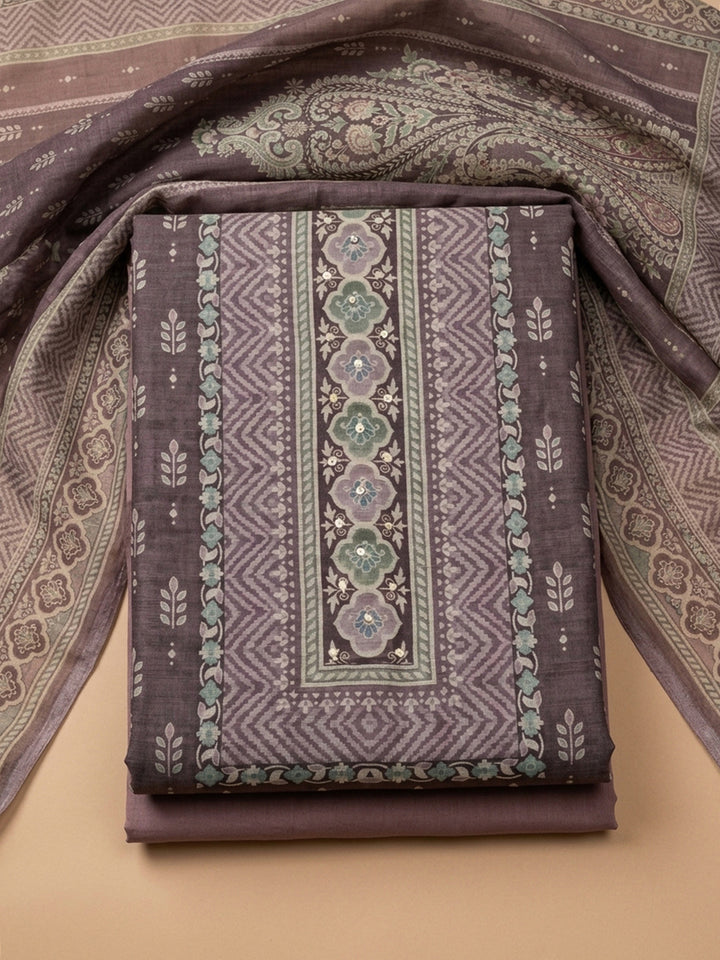 Onion Pink Printed Chanderi Unstitched Suit &amp; Pant With Chanderi Dupatta