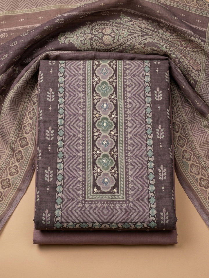 Purple Printed Chanderi Unstitched Suit &amp; Pant With Chanderi Dupatta