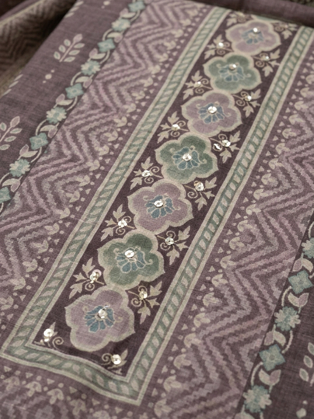 Purple Printed Chanderi Unstitched Suit &amp; Pant With Chanderi Dupatta