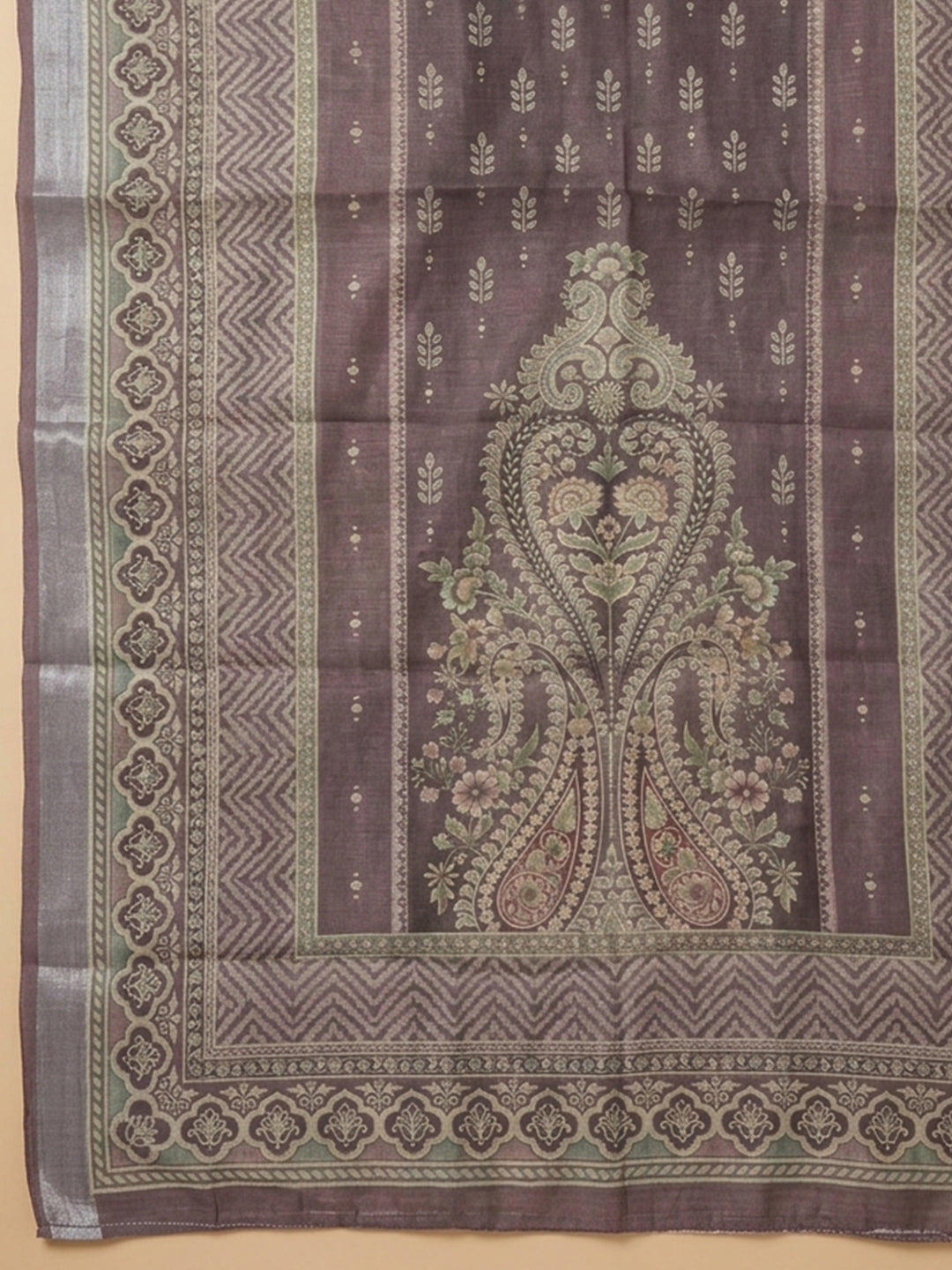 Purple Printed Chanderi Unstitched Suit &amp; Pant With Chanderi Dupatta