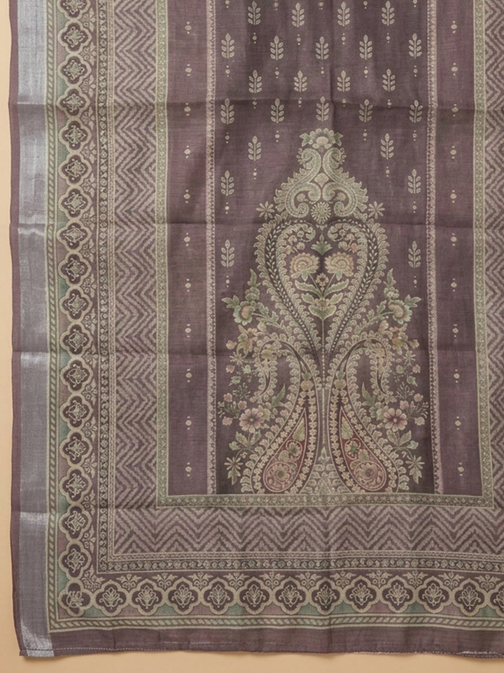 Purple Printed Chanderi Unstitched Suit &amp; Pant With Chanderi Dupatta