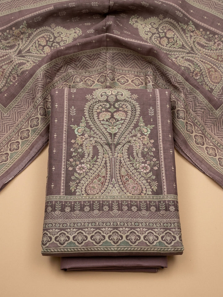 Purple Printed Chanderi Unstitched Suit &amp; Pant With Chanderi Dupatta