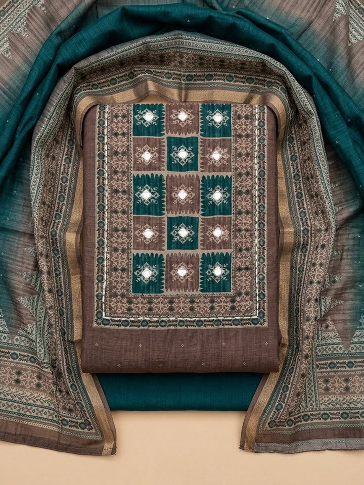 Brown Teal Blue Embroidered Chanderi Unstitched Suit &amp; Pant With Chanderi Dupatta