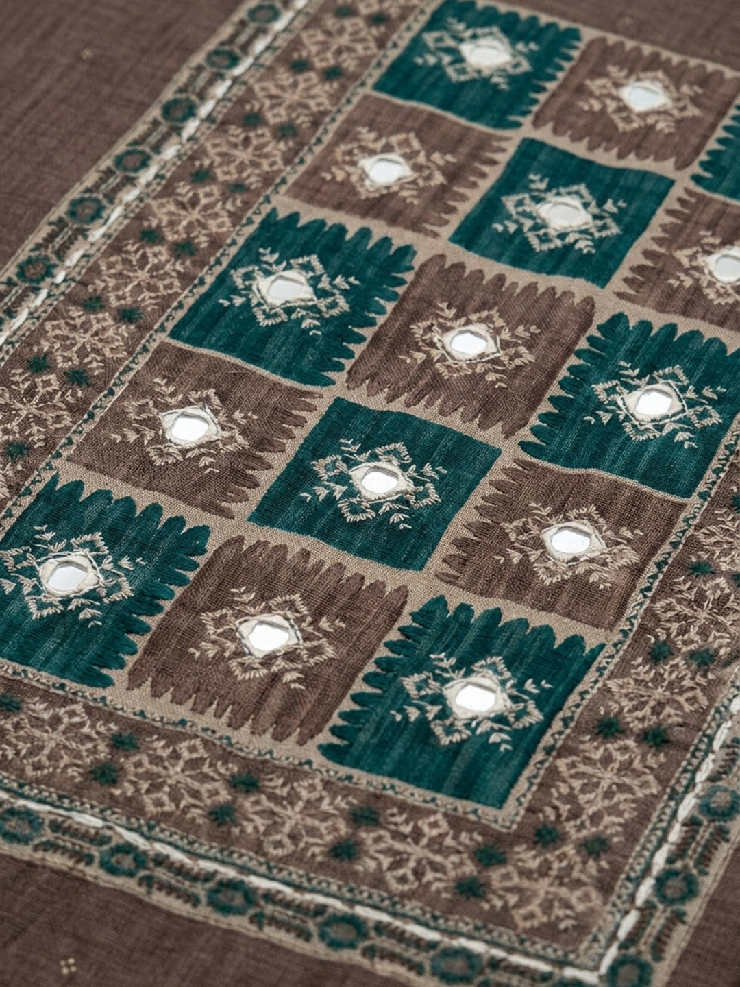 Brown Teal Blue Embroidered Chanderi Unstitched Suit &amp; Pant With Chanderi Dupatta