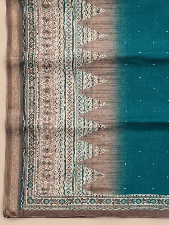Brown Teal Blue Embroidered Chanderi Unstitched Suit &amp; Pant With Chanderi Dupatta