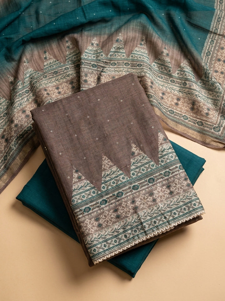 Brown Teal Blue Embroidered Chanderi Unstitched Suit &amp; Pant With Chanderi Dupatta