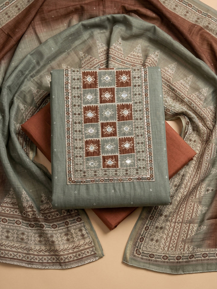 Grey Brown Embroidered Chanderi Unstitched Suit &amp; Pant With Chanderi Dupatta