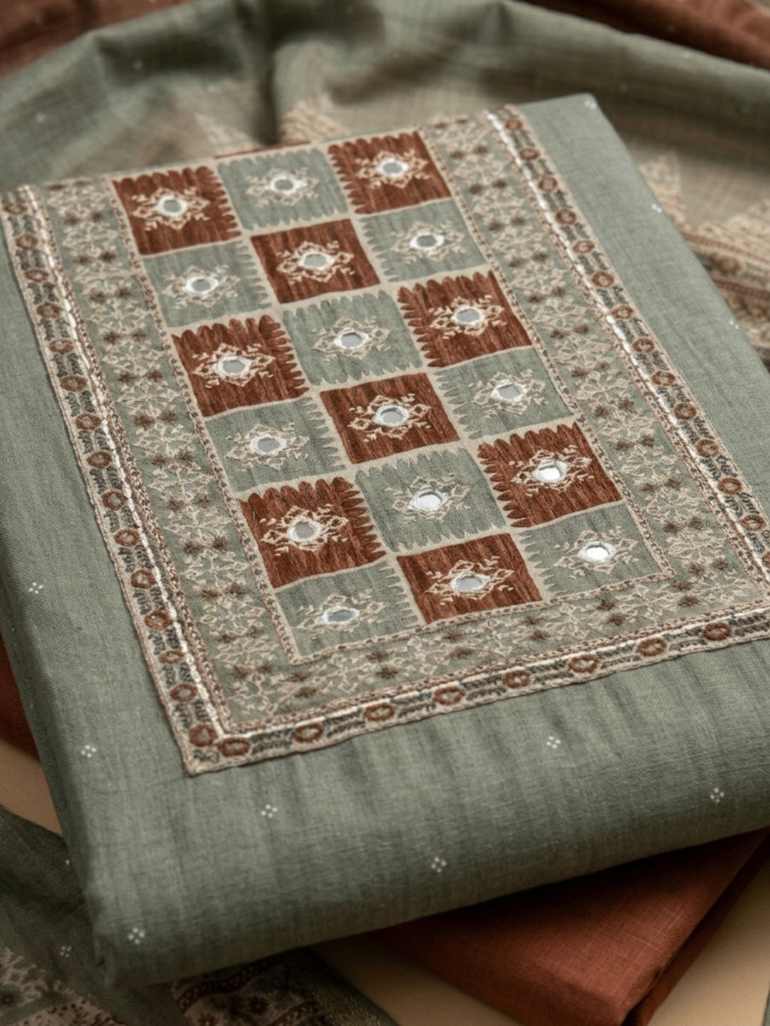 Grey Brown Embroidered Chanderi Unstitched Suit &amp; Pant With Chanderi Dupatta