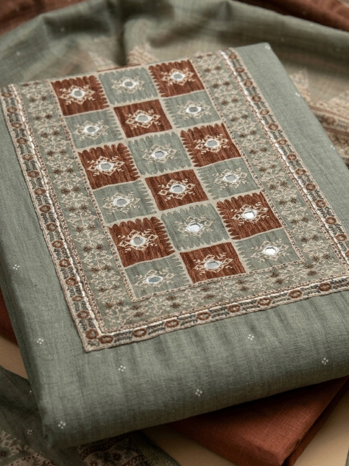 Grey Brown Embroidered Chanderi Unstitched Suit &amp; Pant With Chanderi Dupatta