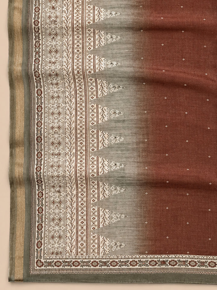 Grey Brown Embroidered Chanderi Unstitched Suit &amp; Pant With Chanderi Dupatta
