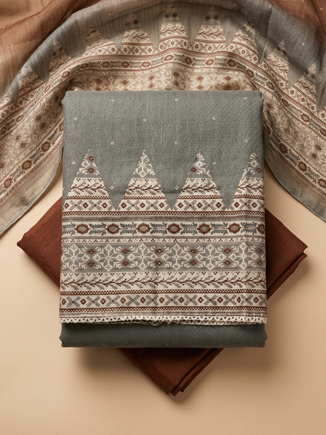 Grey Brown Embroidered Chanderi Unstitched Suit &amp; Pant With Chanderi Dupatta