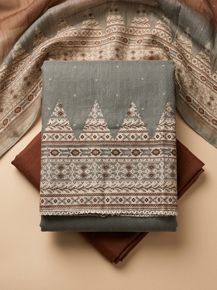 Grey Brown Embroidered Chanderi Unstitched Suit &amp; Pant With Chanderi Dupatta
