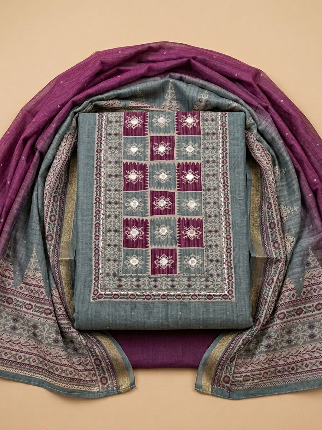 Grey Wine Embroidered Chanderi Unstitched Suit &amp; Pant With Chanderi Dupatta