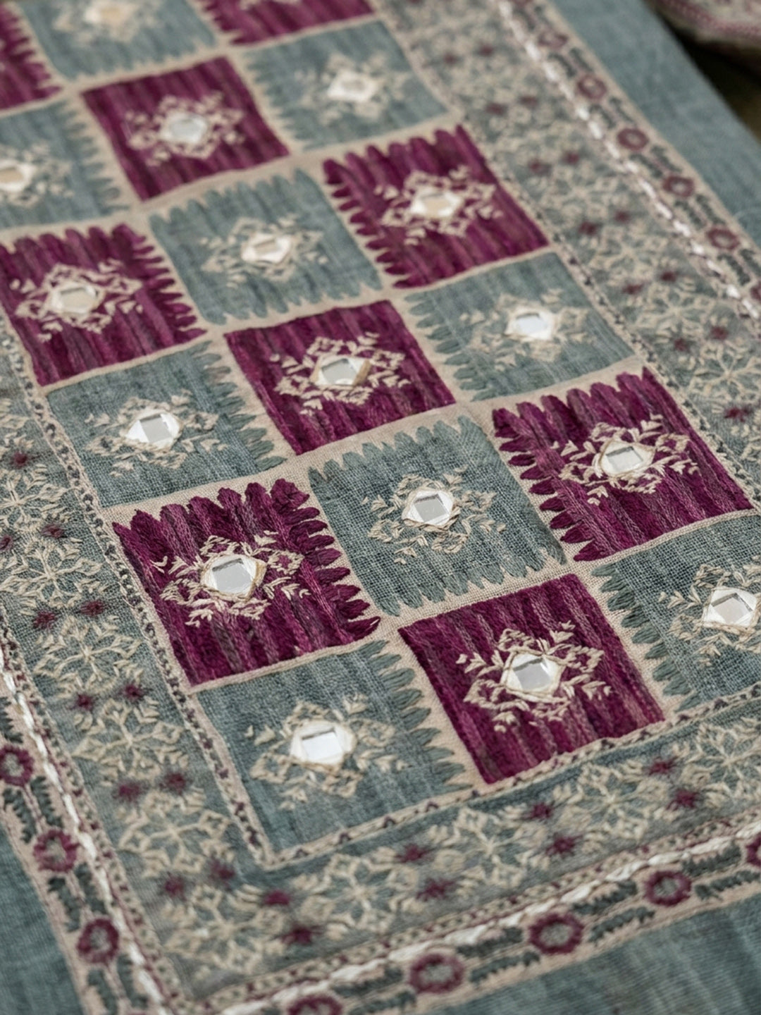 Grey Wine Embroidered Chanderi Unstitched Suit &amp; Pant With Chanderi Dupatta