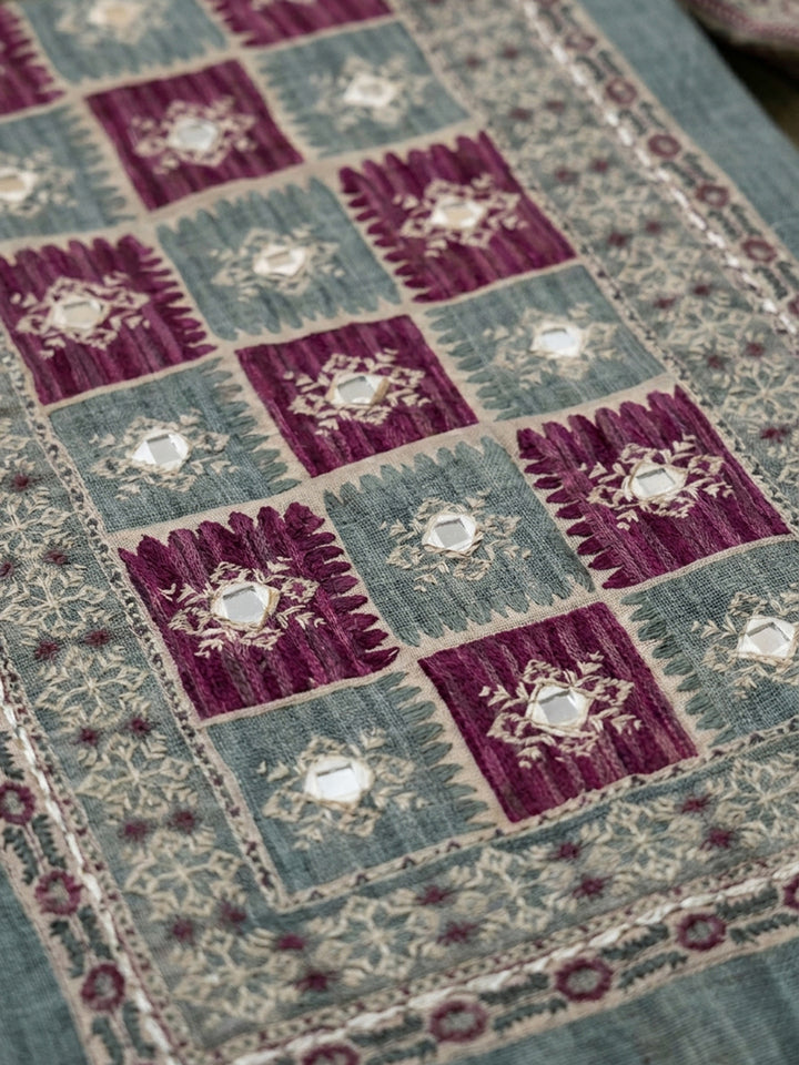 Grey Wine Embroidered Chanderi Unstitched Suit &amp; Pant With Chanderi Dupatta