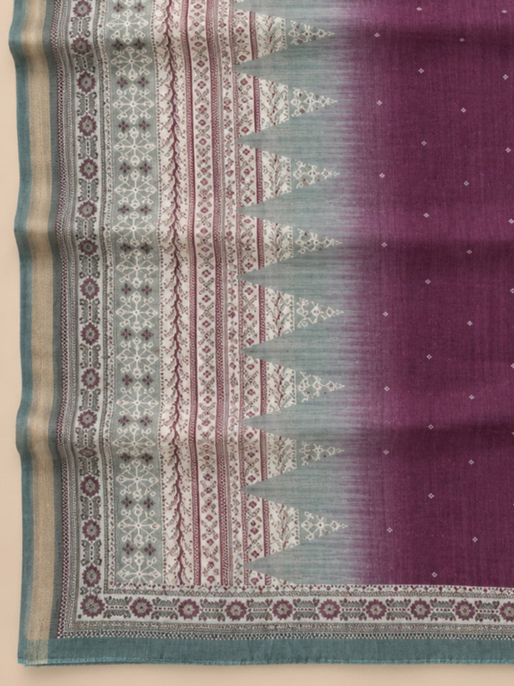 Grey Wine Embroidered Chanderi Unstitched Suit &amp; Pant With Chanderi Dupatta