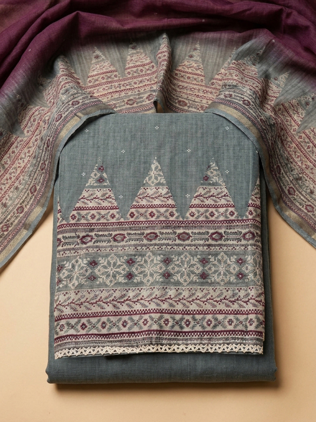 Grey Wine Embroidered Chanderi Unstitched Suit &amp; Pant With Chanderi Dupatta