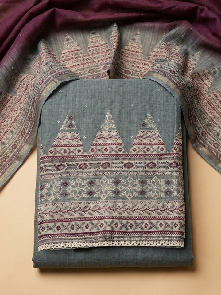 Grey Wine Embroidered Chanderi Unstitched Suit &amp; Pant With Chanderi Dupatta