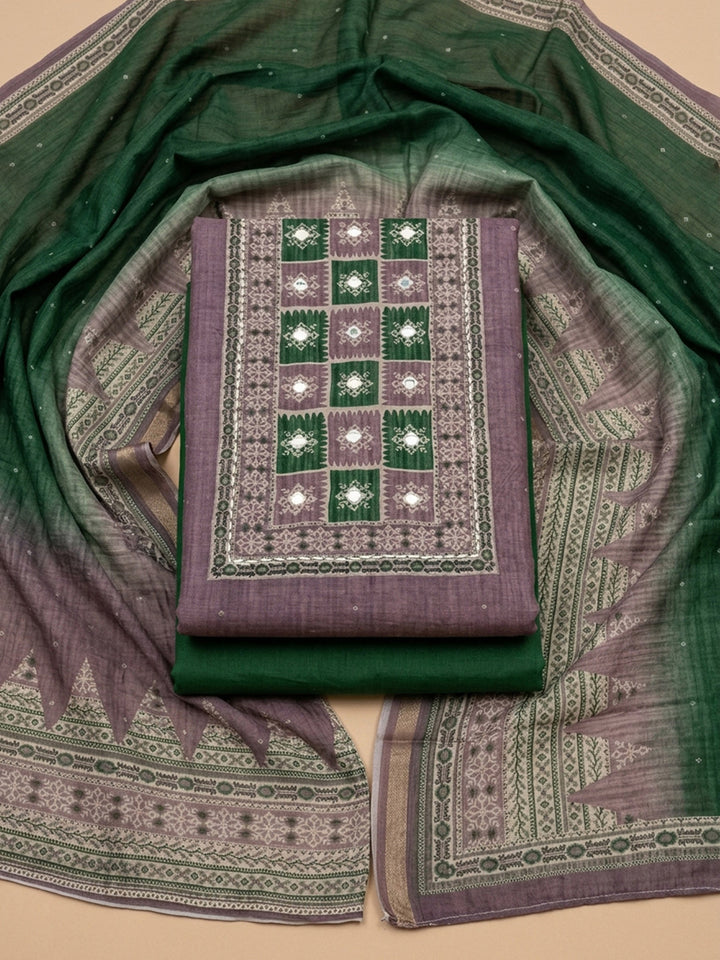 Lavender Bottle Green Embroidered Chanderi Unstitched Suit &amp; Pant With Chanderi Dupatta