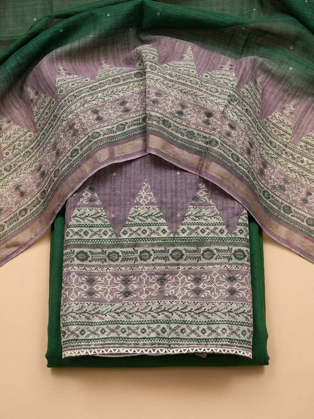 Lavender Bottle Green Embroidered Chanderi Unstitched Suit &amp; Pant With Chanderi Dupatta