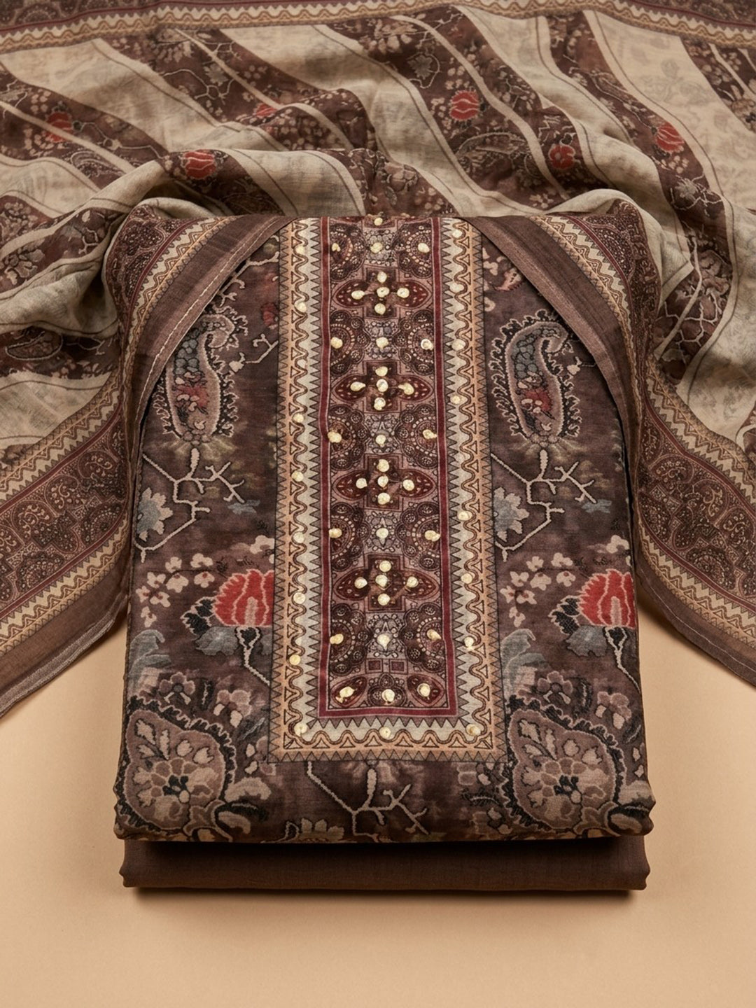Brown Embroidered Chanderi Unstitched Suit &amp; Pant With Chanderi Dupatta