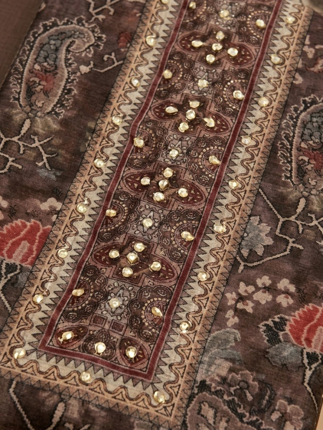 Brown Embroidered Chanderi Unstitched Suit &amp; Pant With Chanderi Dupatta