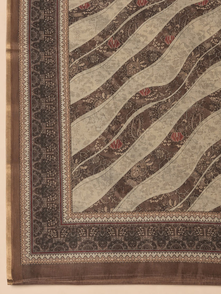 Brown Embroidered Chanderi Unstitched Suit &amp; Pant With Chanderi Dupatta