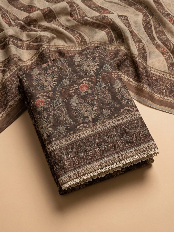 Brown Embroidered Chanderi Unstitched Suit &amp; Pant With Chanderi Dupatta