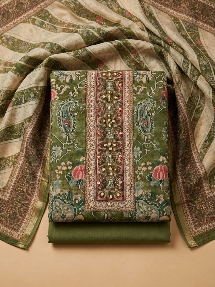 Olive Green Embroidered Chanderi Unstitched Suit &amp; Pant With Chanderi Dupatta