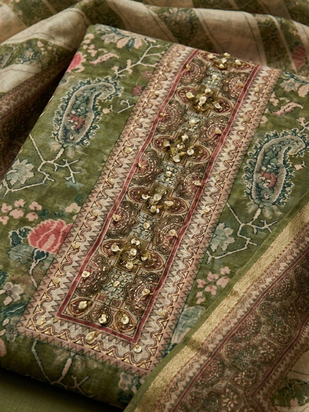 Olive Green Embroidered Chanderi Unstitched Suit &amp; Pant With Chanderi Dupatta