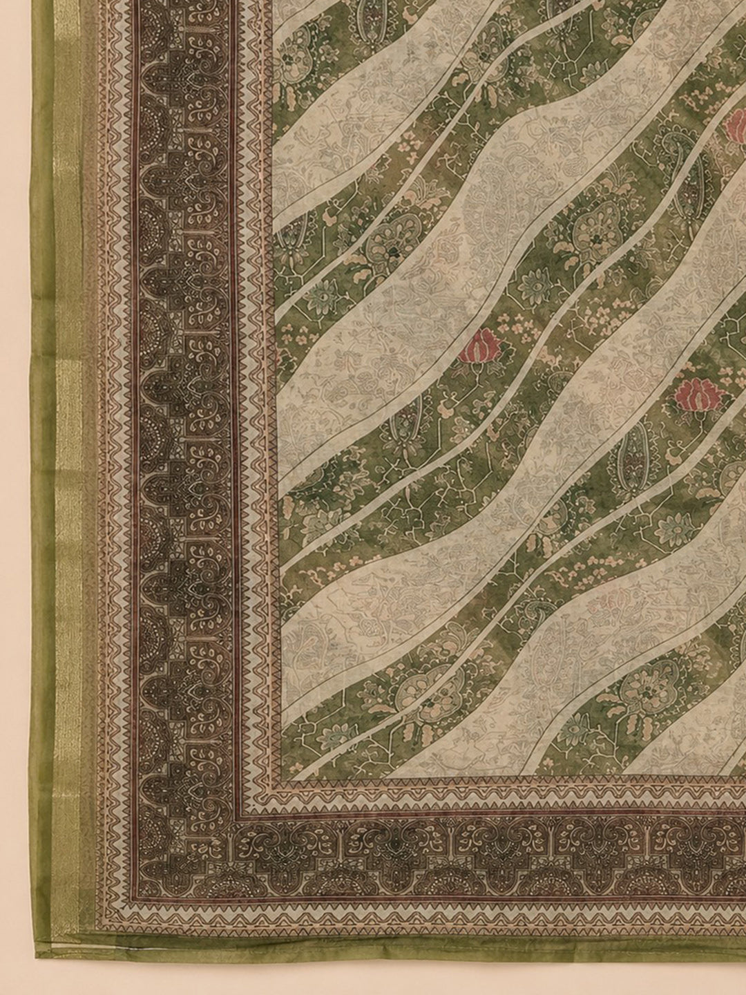 Olive Green Embroidered Chanderi Unstitched Suit &amp; Pant With Chanderi Dupatta
