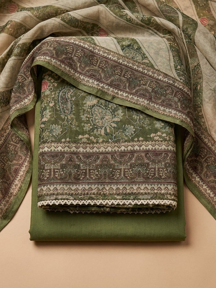 Olive Green Embroidered Chanderi Unstitched Suit &amp; Pant With Chanderi Dupatta