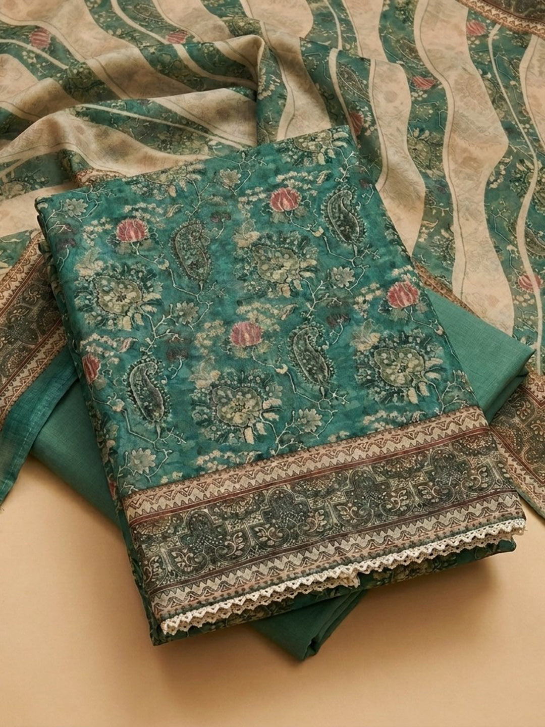 Rama Green Embroidered Chanderi Unstitched Suit &amp; Pant With Chanderi Dupatta
