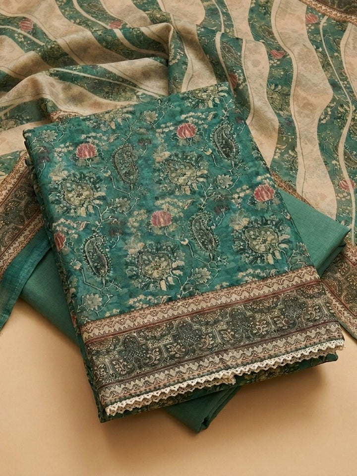 Rama Green Embroidered Chanderi Unstitched Suit &amp; Pant With Chanderi Dupatta