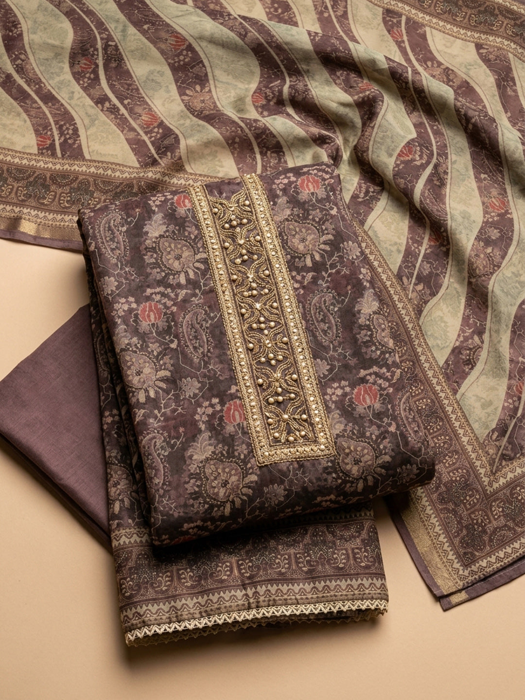 Wine Embroidered Chanderi Unstitched Suit &amp; Pant With Chanderi Dupatta