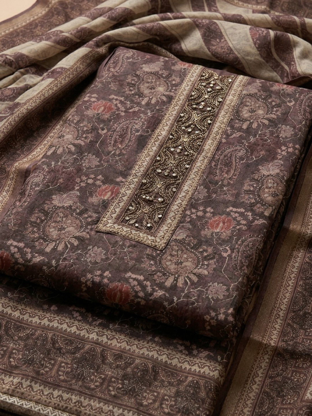 Wine Embroidered Chanderi Unstitched Suit &amp; Pant With Chanderi Dupatta