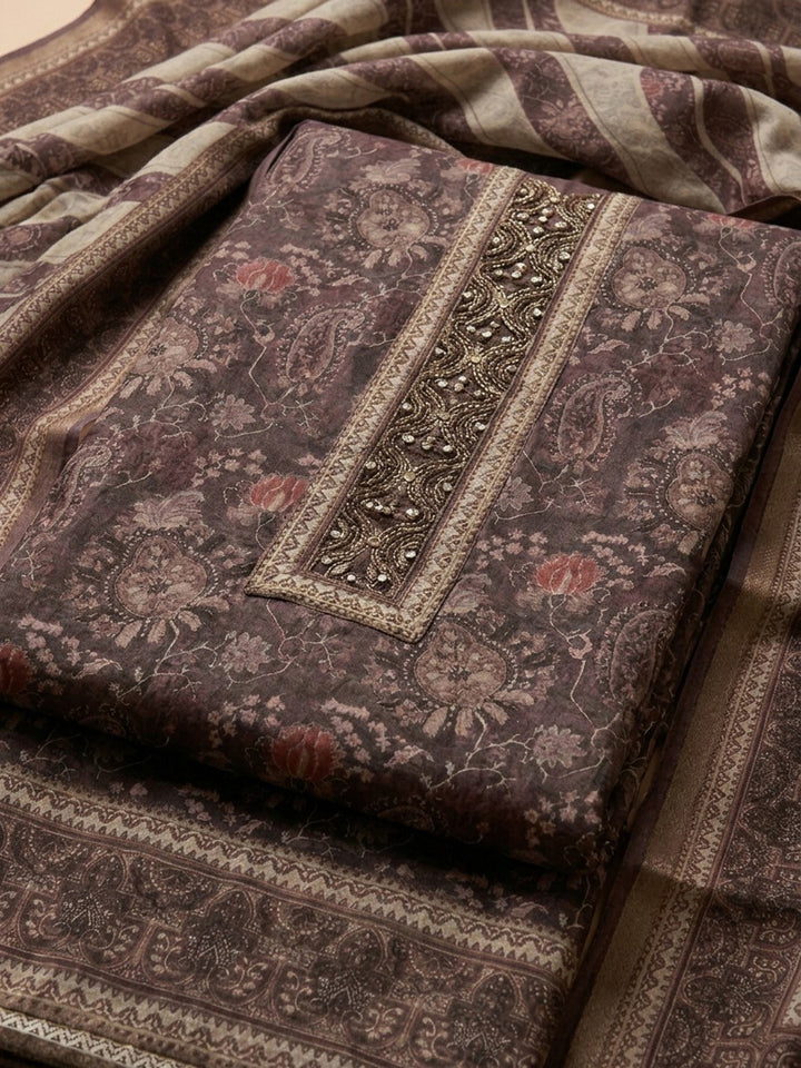Wine Embroidered Chanderi Unstitched Suit &amp; Pant With Chanderi Dupatta