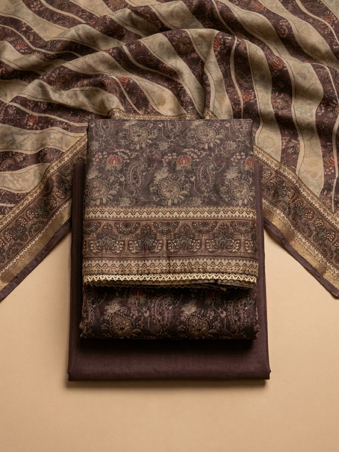 Wine Embroidered Chanderi Unstitched Suit &amp; Pant With Chanderi Dupatta