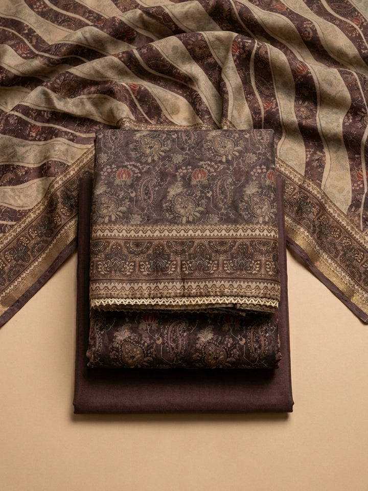 Wine Embroidered Chanderi Unstitched Suit &amp; Pant With Chanderi Dupatta