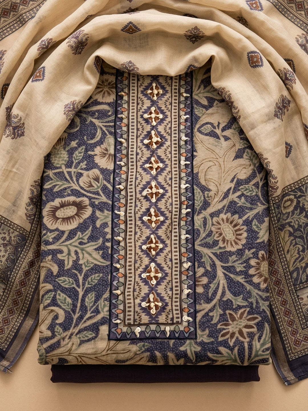 Blue Embroidered Chanderi Unstitched Suit &amp; Pant With Chanderi Dupatta
