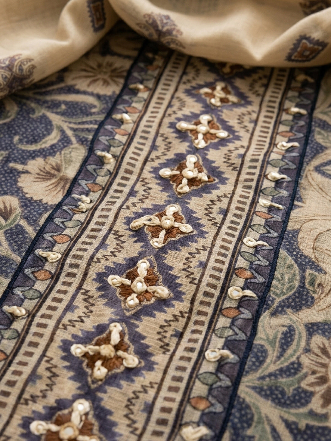 Blue Embroidered Chanderi Unstitched Suit &amp; Pant With Chanderi Dupatta