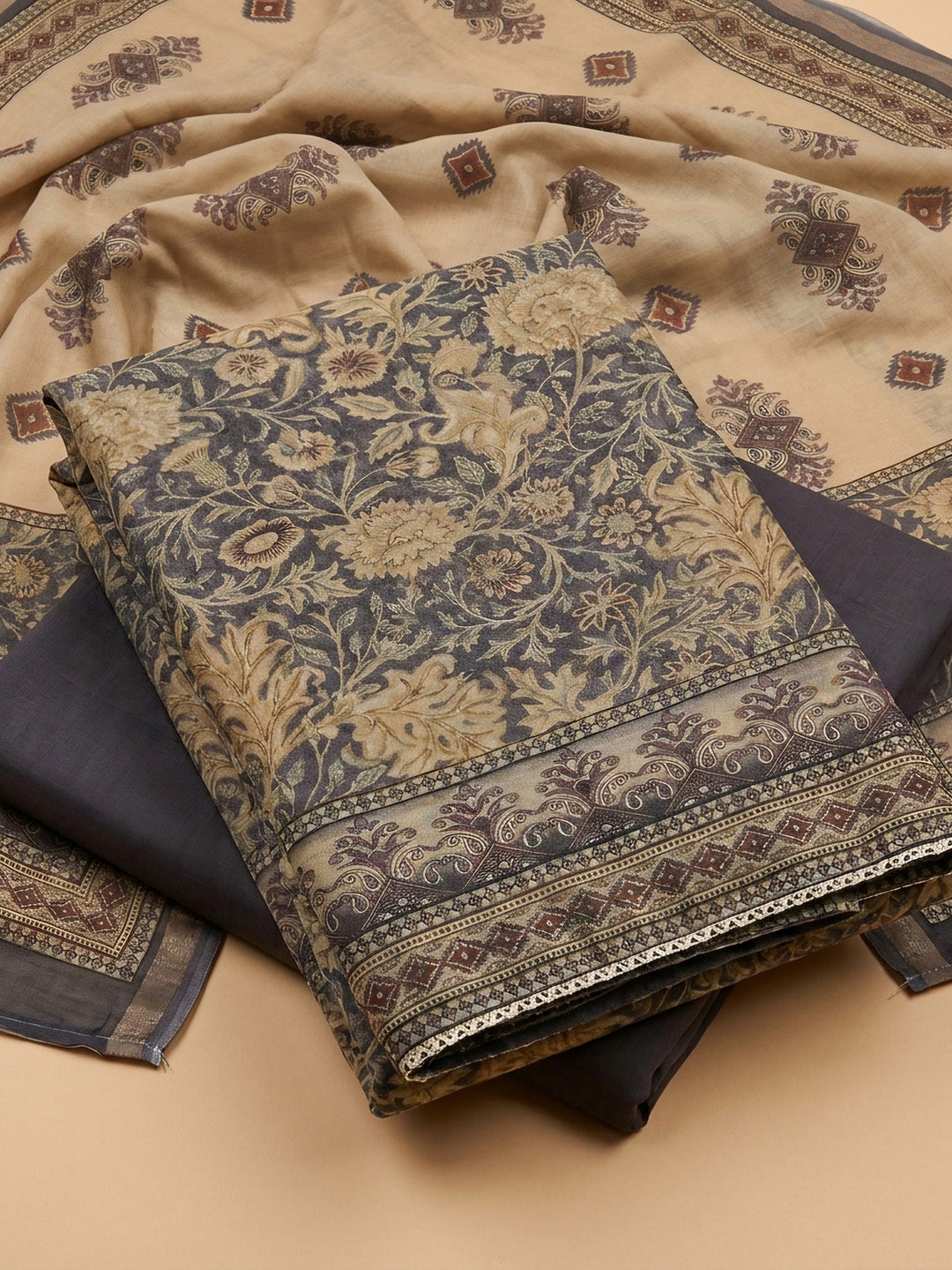 Blue Embroidered Chanderi Unstitched Suit &amp; Pant With Chanderi Dupatta