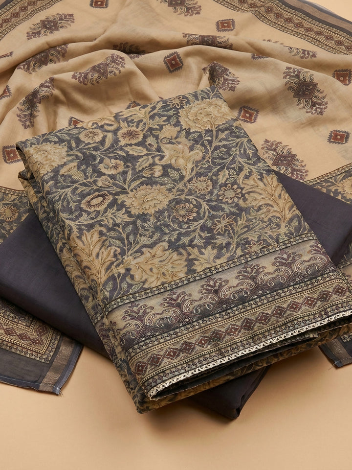 Blue Embroidered Chanderi Unstitched Suit &amp; Pant With Chanderi Dupatta
