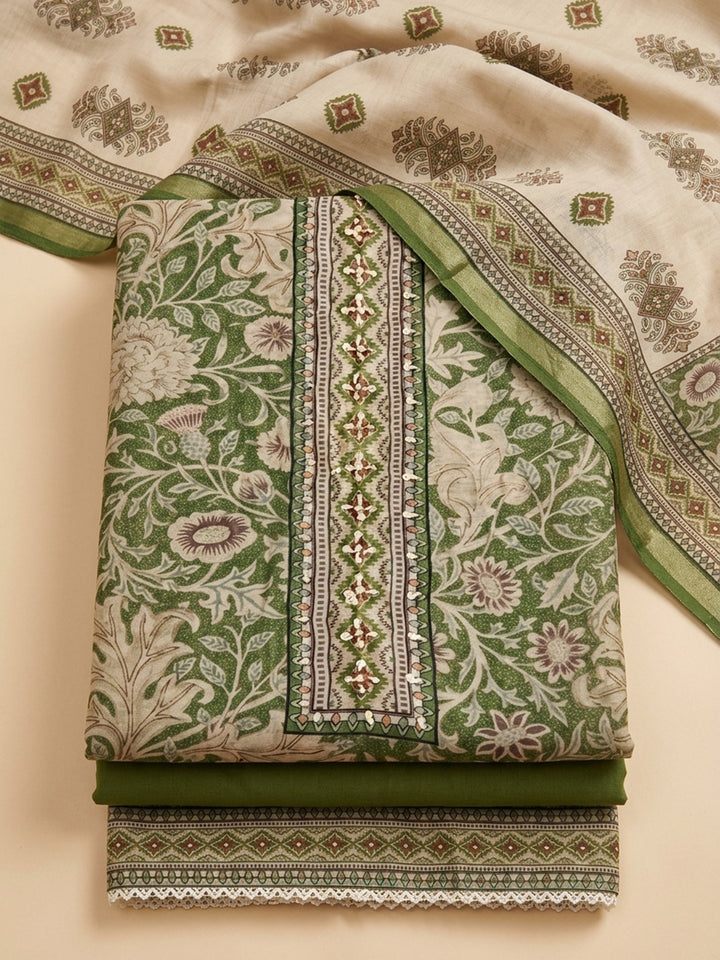 Green Embroidered Chanderi Unstitched Suit &amp; Pant With Chanderi Dupatta