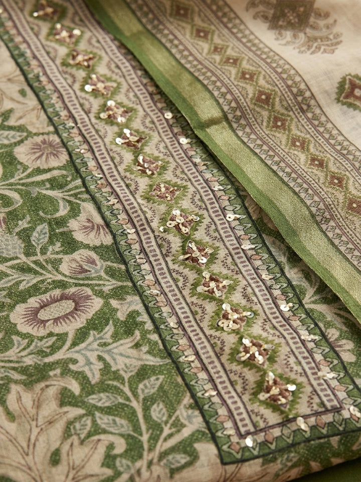 Green Embroidered Chanderi Unstitched Suit &amp; Pant With Chanderi Dupatta
