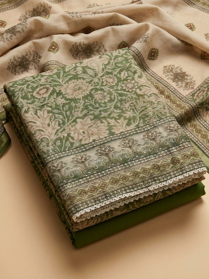 Green Embroidered Chanderi Unstitched Suit &amp; Pant With Chanderi Dupatta