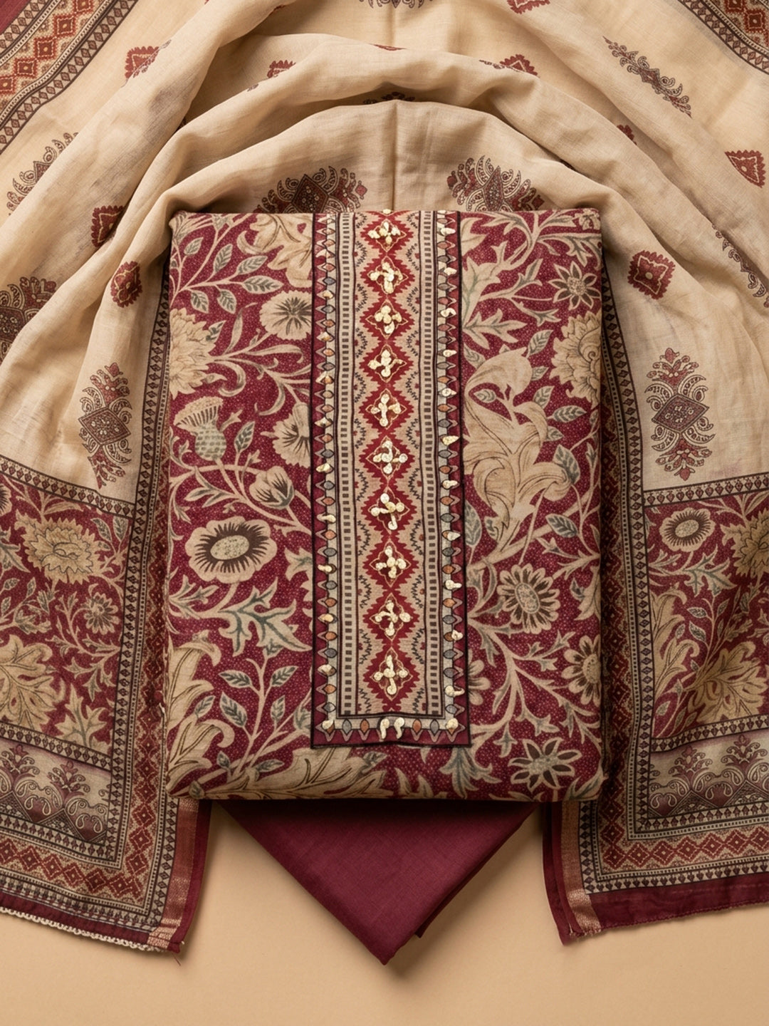 Pink Embroidered Chanderi Unstitched Suit &amp; Pant With Chanderi Dupatta
